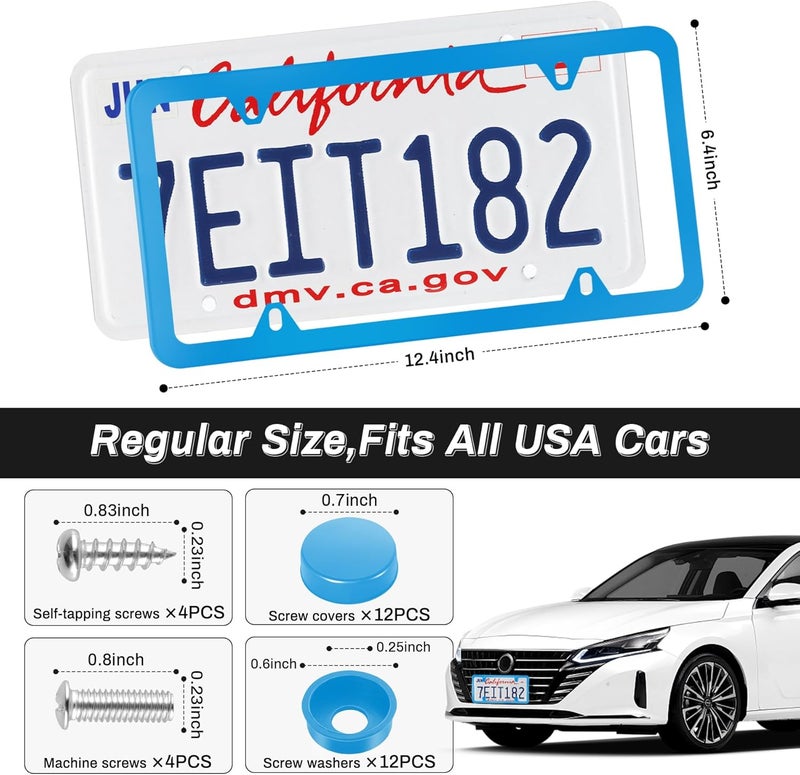 alpmosn 2PCS Stainless Steel License Plate Frames, 4 Holes Car Licence Plate Covers with Screws Washers and Caps, Car Exterior Accessories, License Plate Holder for US Vehicles (Blue) - Image 2
